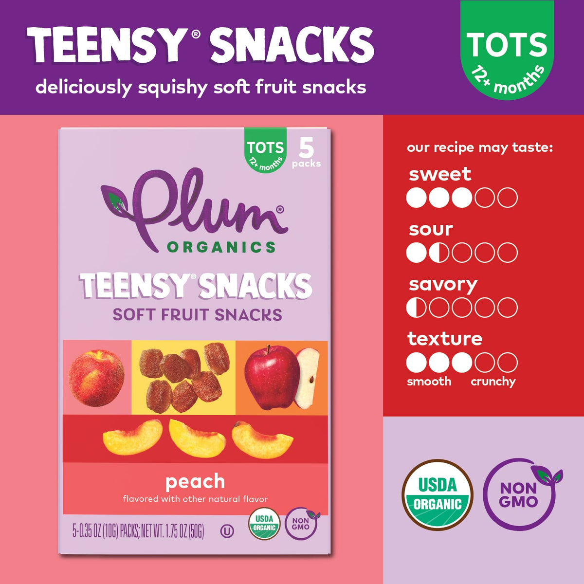 Plum Organics Teensy Snacks Peach – Organic Soft Fruit Snacks for Toddlers (40-Pack)