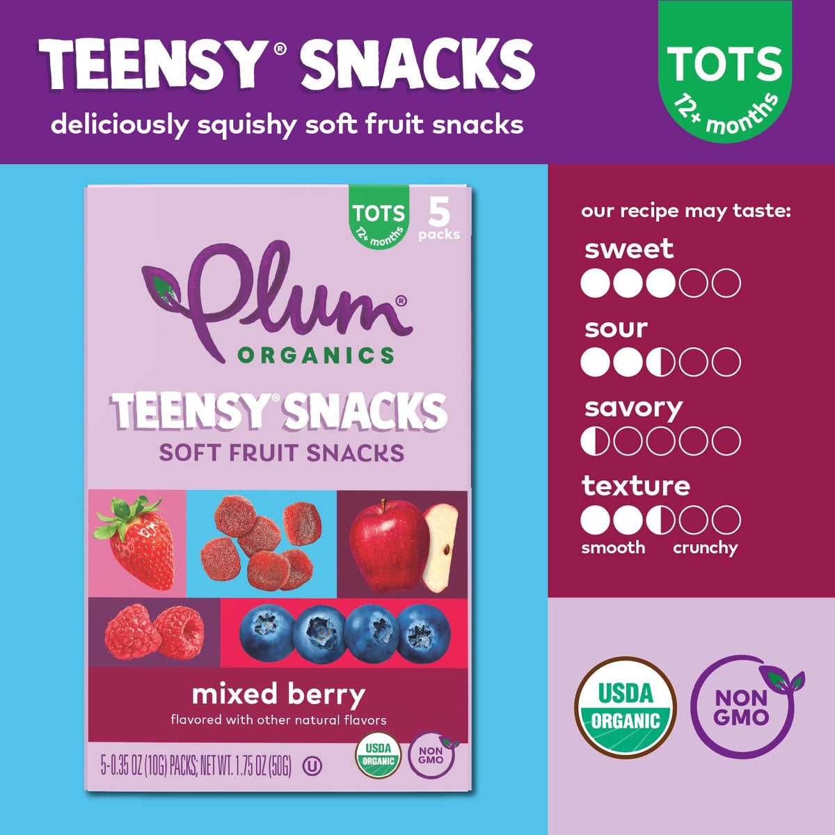 Plum Organics Teensy Snacks - Soft Fruit Snacks, Mixed Berry, 0.35 oz Bags (Pack of 40) - Organic Toddler Snack