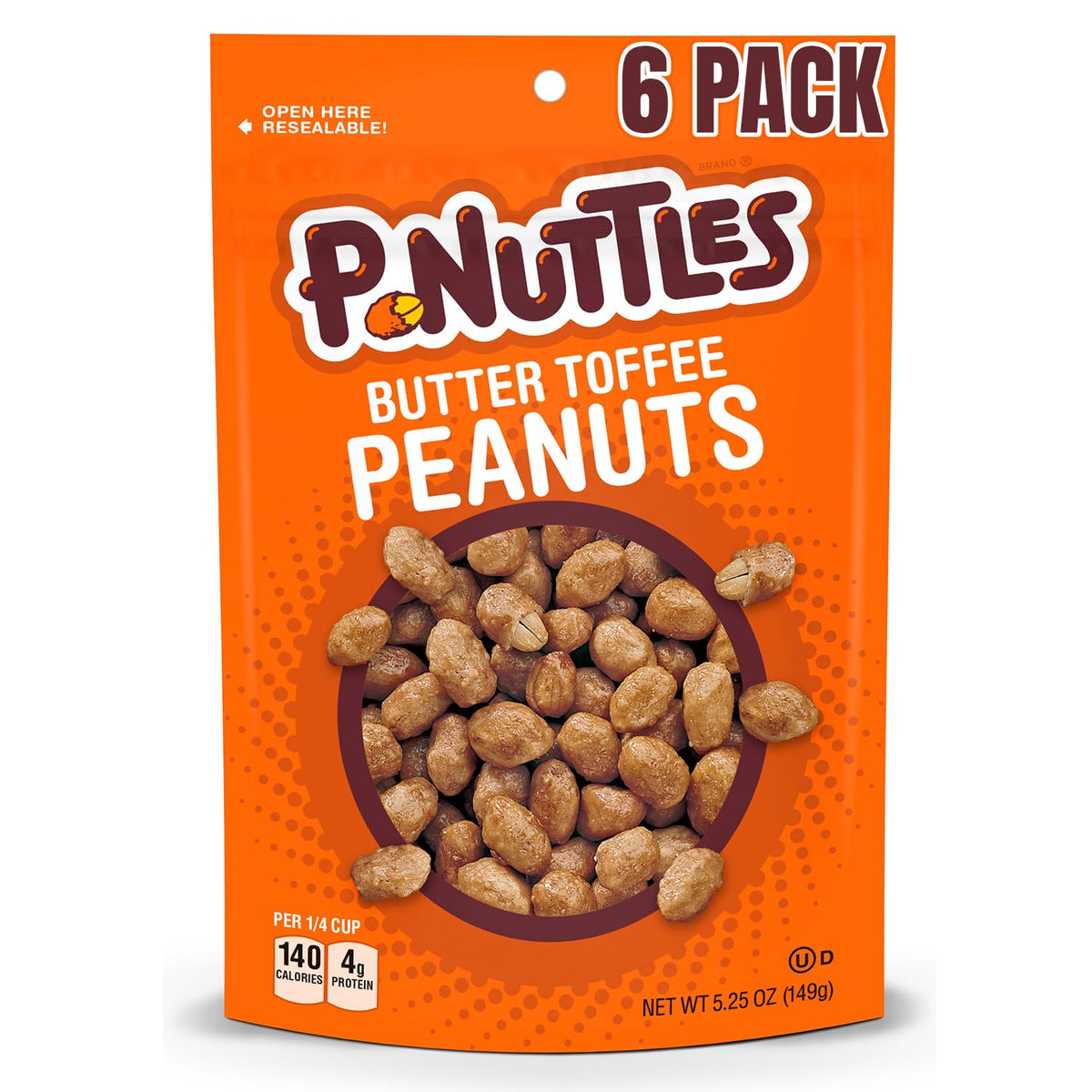 P-Nuttles Butter Toffee Covered Peanuts – 5.25 oz Resealable Bag (Pack of 6) | Sweet & Salty Kosher Snack