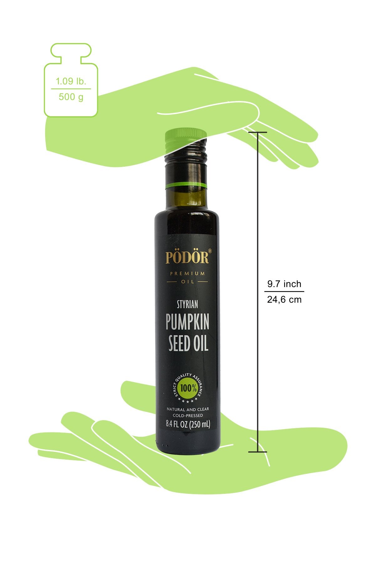 PÖDÖR Premium Styrian Pumpkin Seed Oil – Cold-Pressed, 8.4 oz in Glass Bottle
