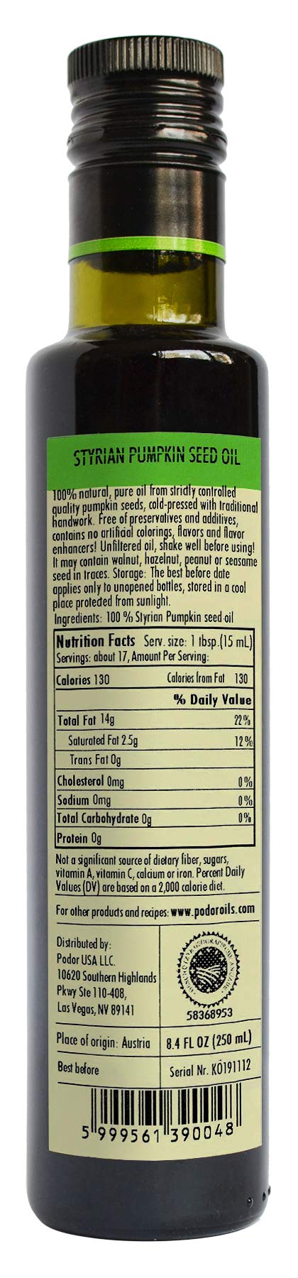 PÖDÖR Premium Styrian Pumpkin Seed Oil – Cold-Pressed, 8.4 oz in Glass Bottle