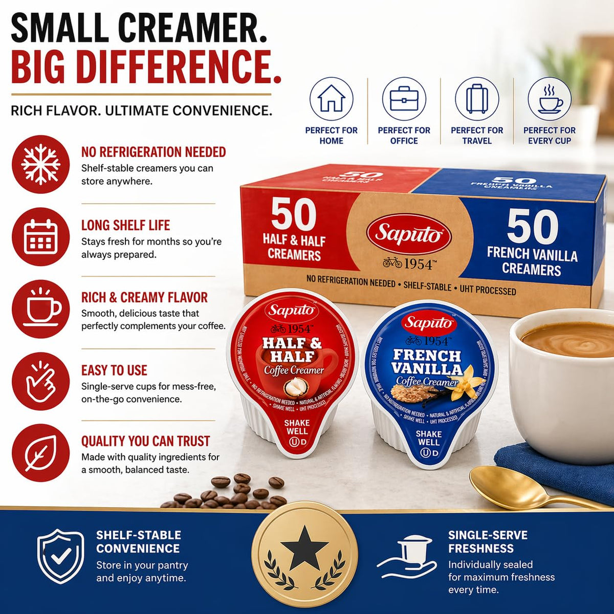 POGALIGHT Coffee Creamers Variety Pack – 100 Single-Serve Cups, Original Half & Half & French Vanilla, Shelf-Stable