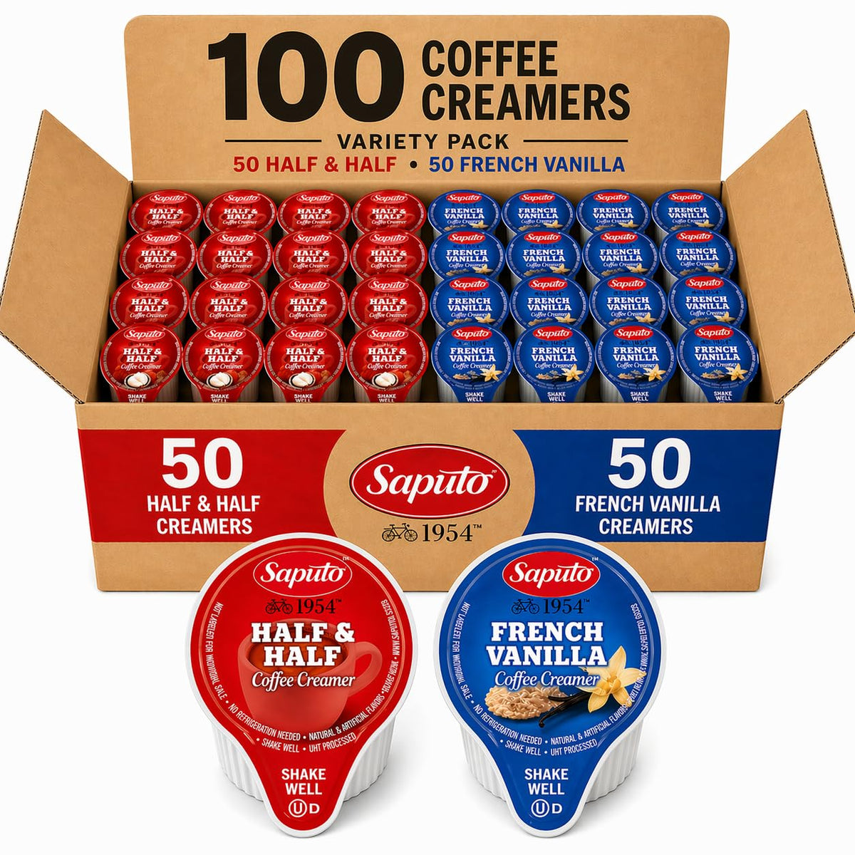 POGALIGHT Coffee Creamers Variety Pack – 100 Single-Serve Cups, Original Half & Half & French Vanilla, Shelf-Stable