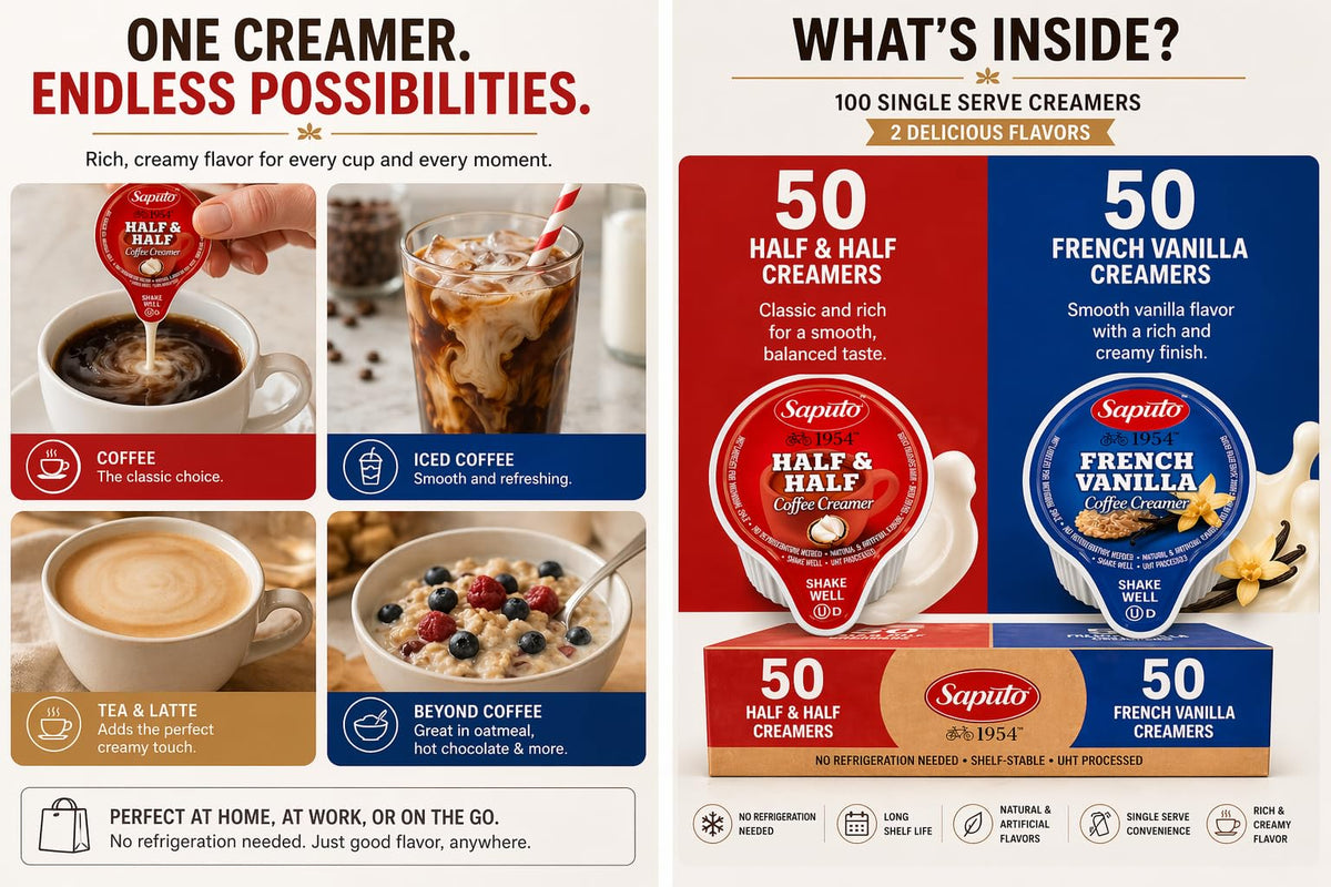 POGALIGHT Coffee Creamers Variety Pack – 100 Single-Serve Cups, Original Half & Half & French Vanilla, Shelf-Stable
