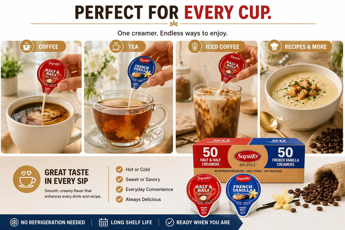 POGALIGHT Coffee Creamers Variety Pack – 100 Single-Serve Cups, Original Half & Half & French Vanilla, Shelf-Stable