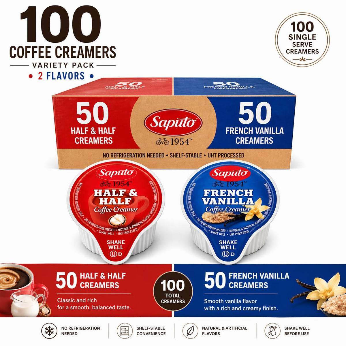 POGALIGHT Coffee Creamers Variety Pack – 100 Single-Serve Cups, Original Half & Half & French Vanilla, Shelf-Stable