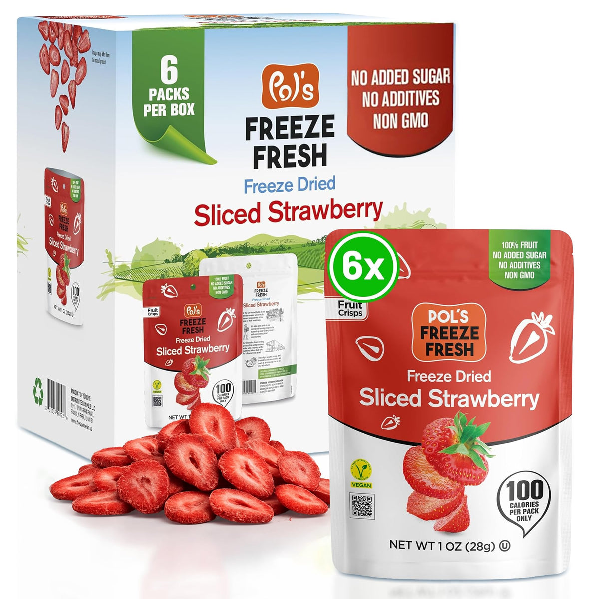 Pol’s Freeze Fresh 6-Pack Sliced Freeze-Dried Strawberries – No Added Sugar, Non-GMO