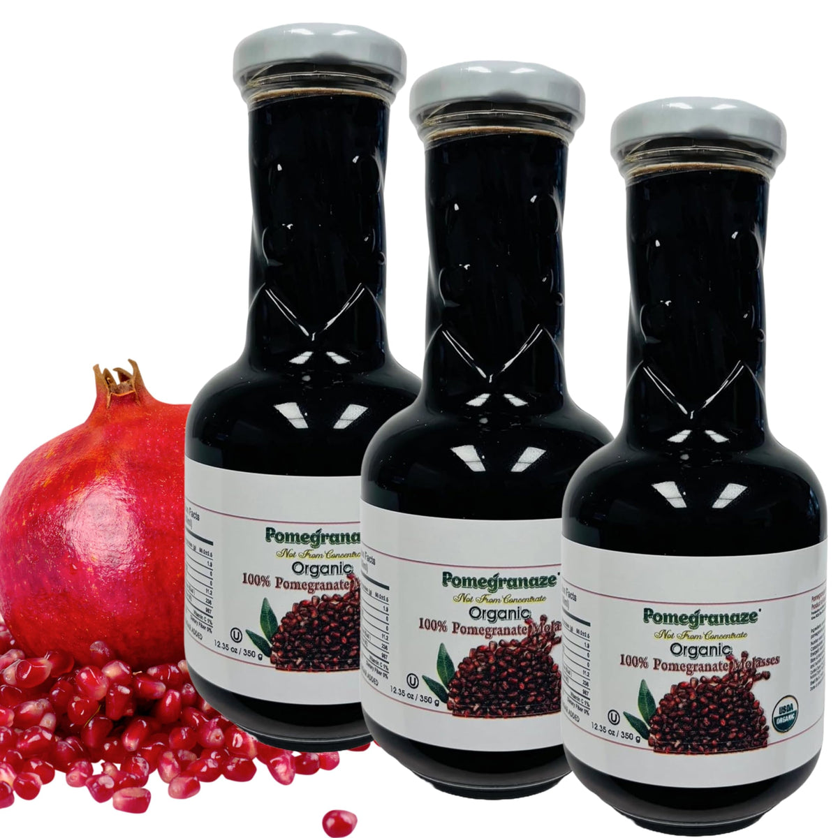 Pomegranaze 100% Organic Pomegranate Molasses 12.35 oz Glass Bottle (3 Pack) – No Sugar Added, Vegan, Gluten Free, Kosher