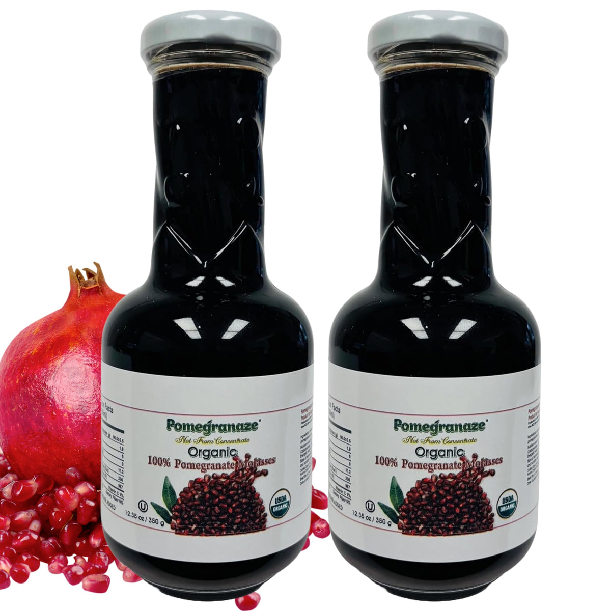 Pomegranaze 100% Organic Pomegranate Molasses 12.35 oz Glass Bottle (2 Pack) – No Sugar Added, Vegan, Non-GMO, Gluten Free, Kosher