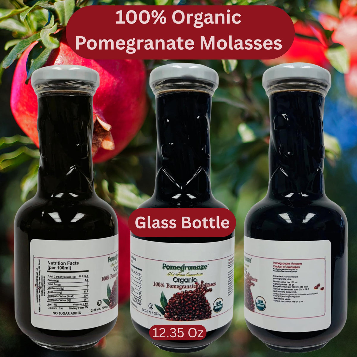 Pomegranaze 100% Organic Pomegranate Molasses 12.35 oz Glass Bottle (2 Pack) – No Sugar Added, Vegan, Non-GMO, Gluten Free, Kosher