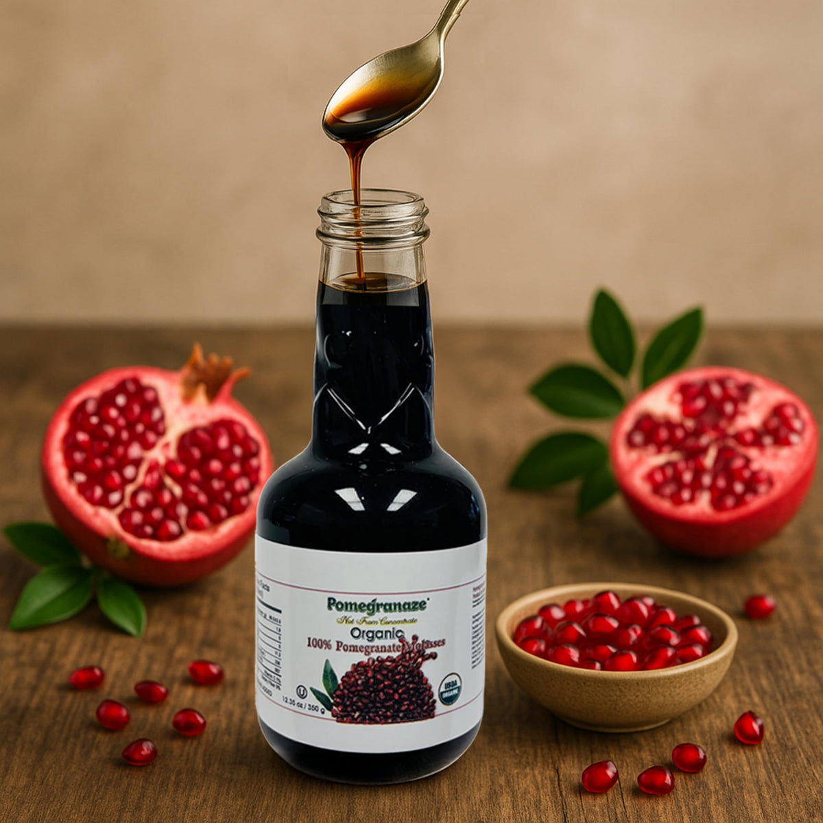 Pomegranaze 100% Organic Pomegranate Molasses 12.35 oz Glass Bottle (2 Pack) – No Sugar Added, Vegan, Non-GMO, Gluten Free, Kosher