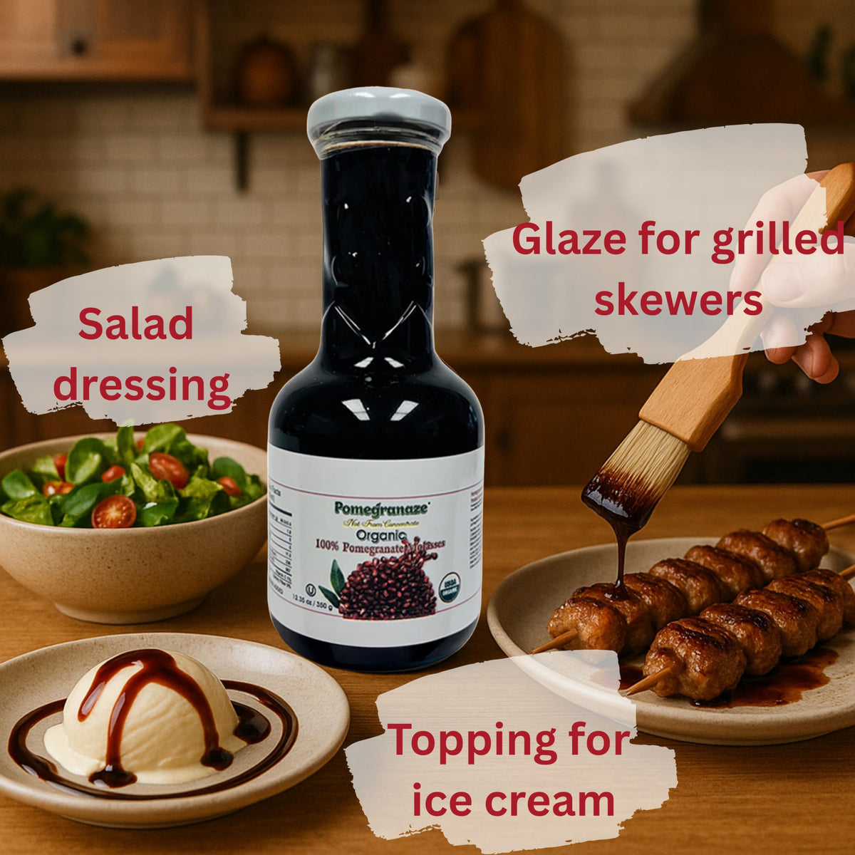 Pomegranaze 100% Organic Pomegranate Molasses 12.35 oz Glass Bottle (2 Pack) – No Sugar Added, Vegan, Non-GMO, Gluten Free, Kosher
