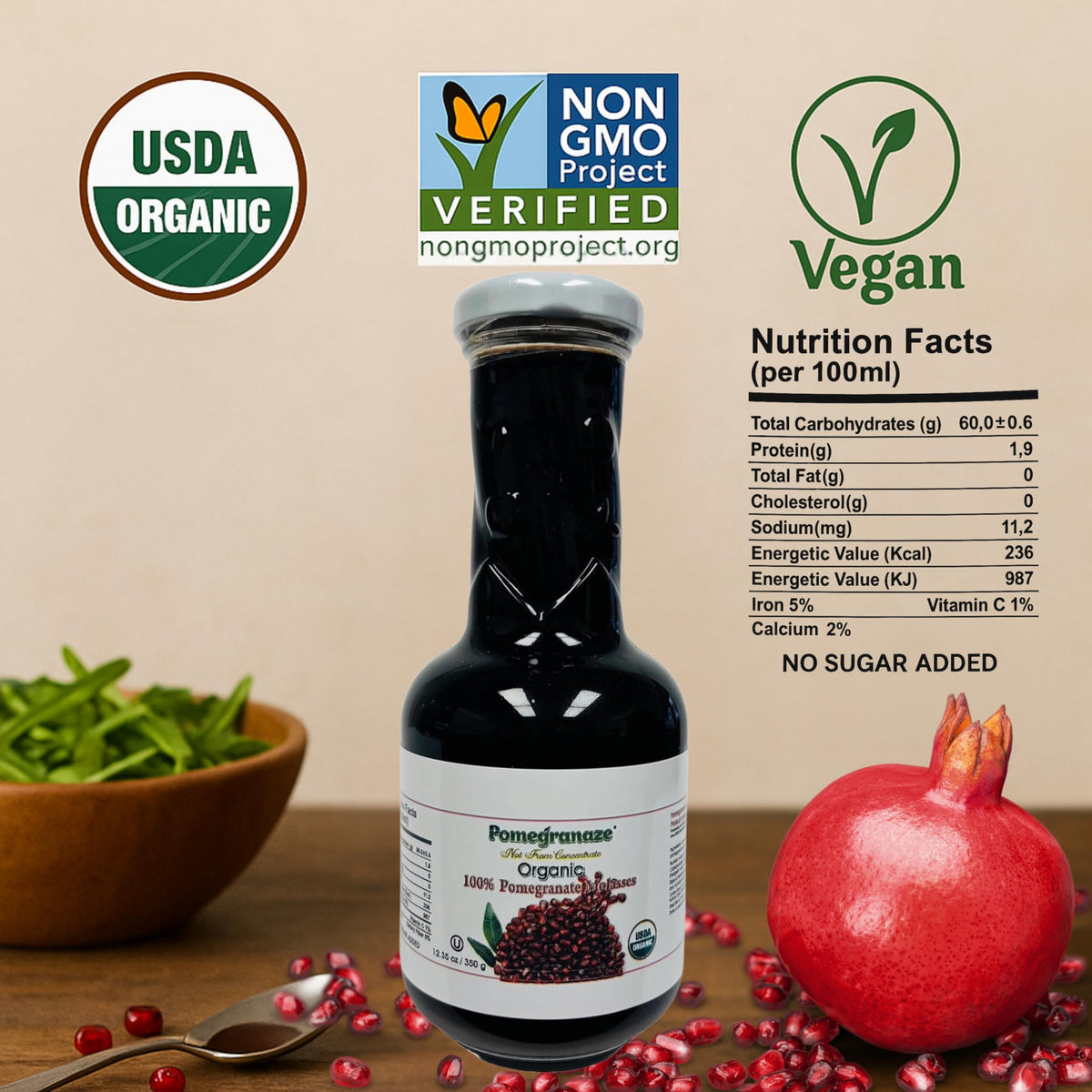 Pomegranaze 100% Organic Pomegranate Molasses 12.35 oz Glass Bottle (2 Pack) – No Sugar Added, Vegan, Non-GMO, Gluten Free, Kosher