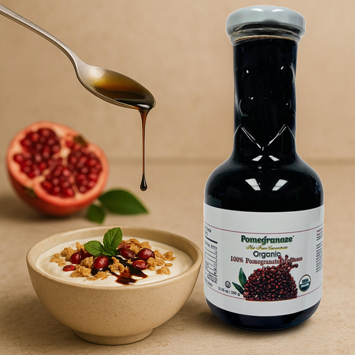 Pomegranaze 100% Organic Pomegranate Molasses 12.35 oz Glass Bottle (2 Pack) – No Sugar Added, Vegan, Non-GMO, Gluten Free, Kosher
