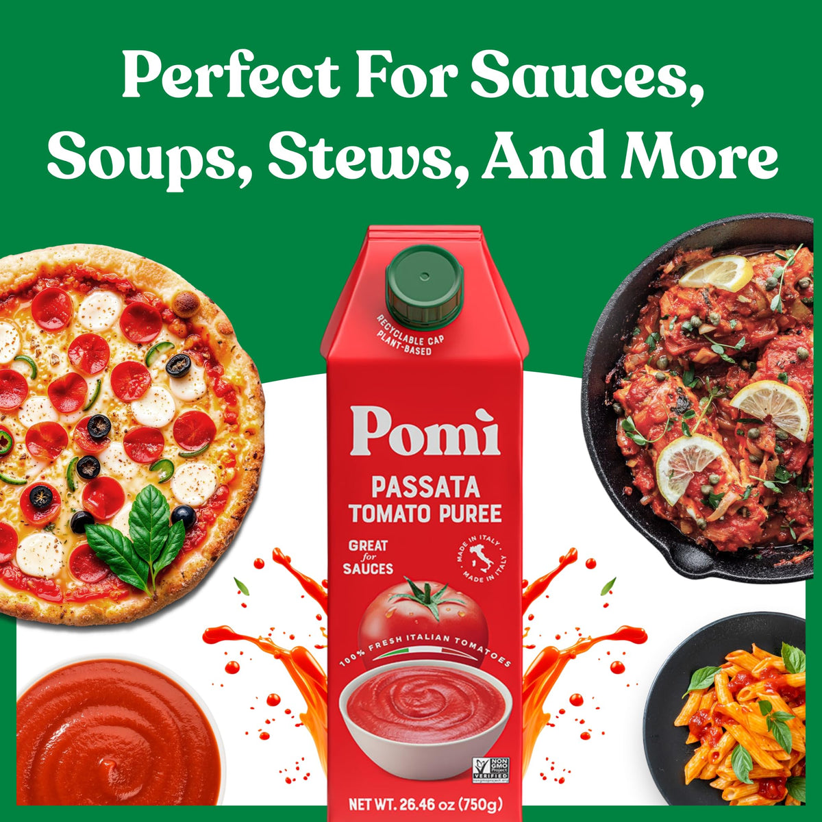 Pomì Tomato Passata 26.46oz (Pack of 6) – 100% Fresh Italian Tomatoes, Creamy Velvet Puree, No Additives, BPA-Free, Gluten-Free