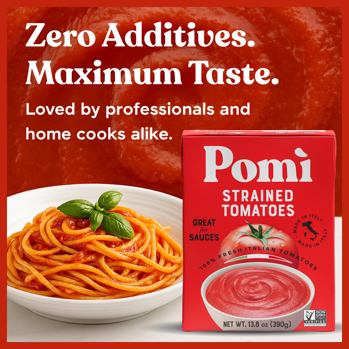 Pomi Strained Tomatoes 13.8oz (Pack of 12) – Creamy Italian Tomato Purée, No Additives or Preservatives