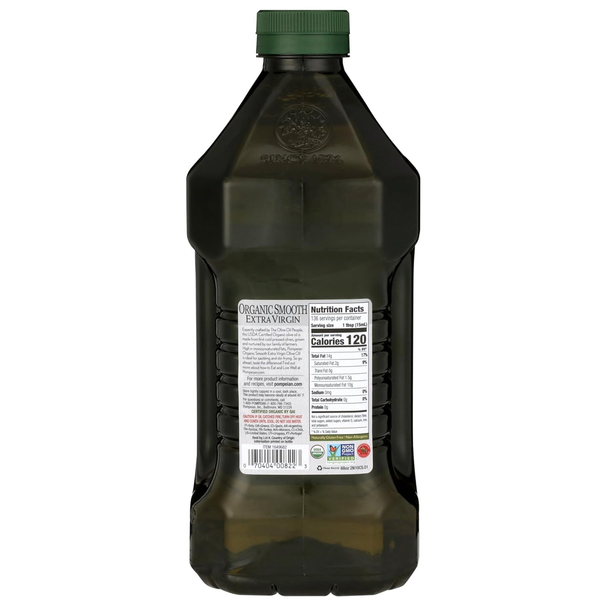 Pompeian USDA Organic Smooth EVOO – First Cold Pressed, Polyphenol Rich, 68 oz