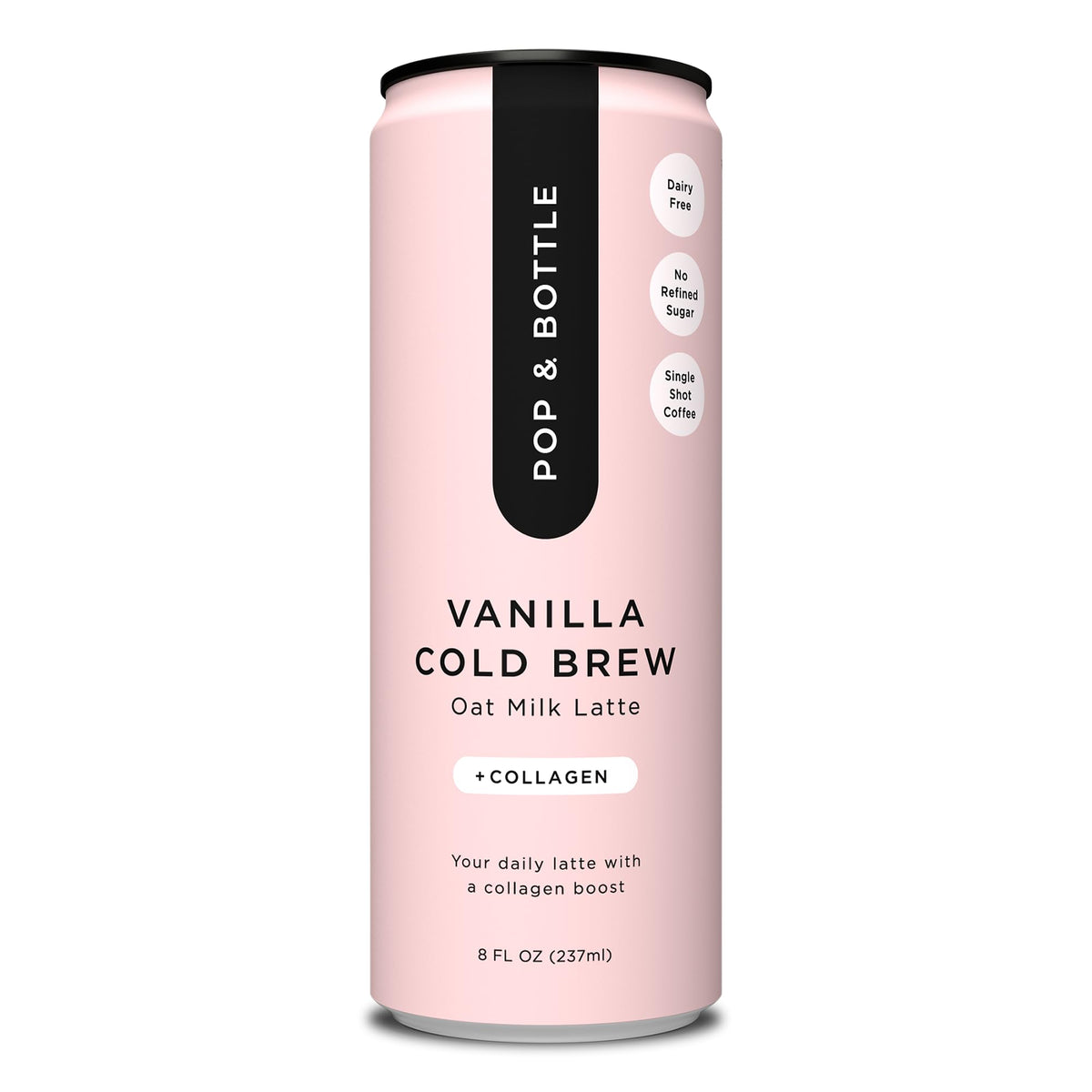 Pop & Bottle Vanilla Oat Milk Lattes – Cold Brew, Marine Collagen, Organic, Dairy Free (8 Pack)