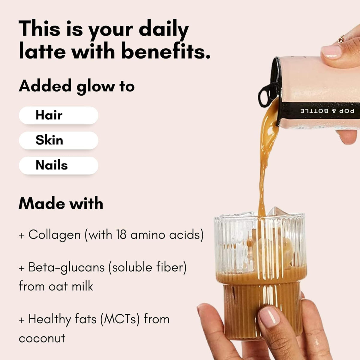 Pop & Bottle Vanilla Oat Milk Lattes – Cold Brew, Marine Collagen, Organic, Dairy Free (8 Pack)