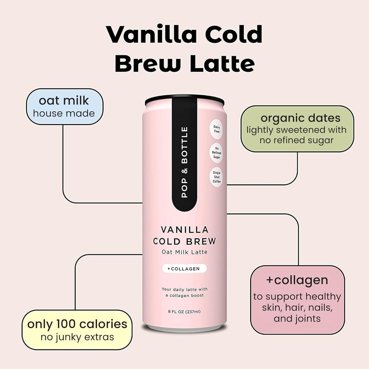 Pop & Bottle Vanilla Oat Milk Lattes – Cold Brew, Marine Collagen, Organic, Dairy Free (8 Pack)