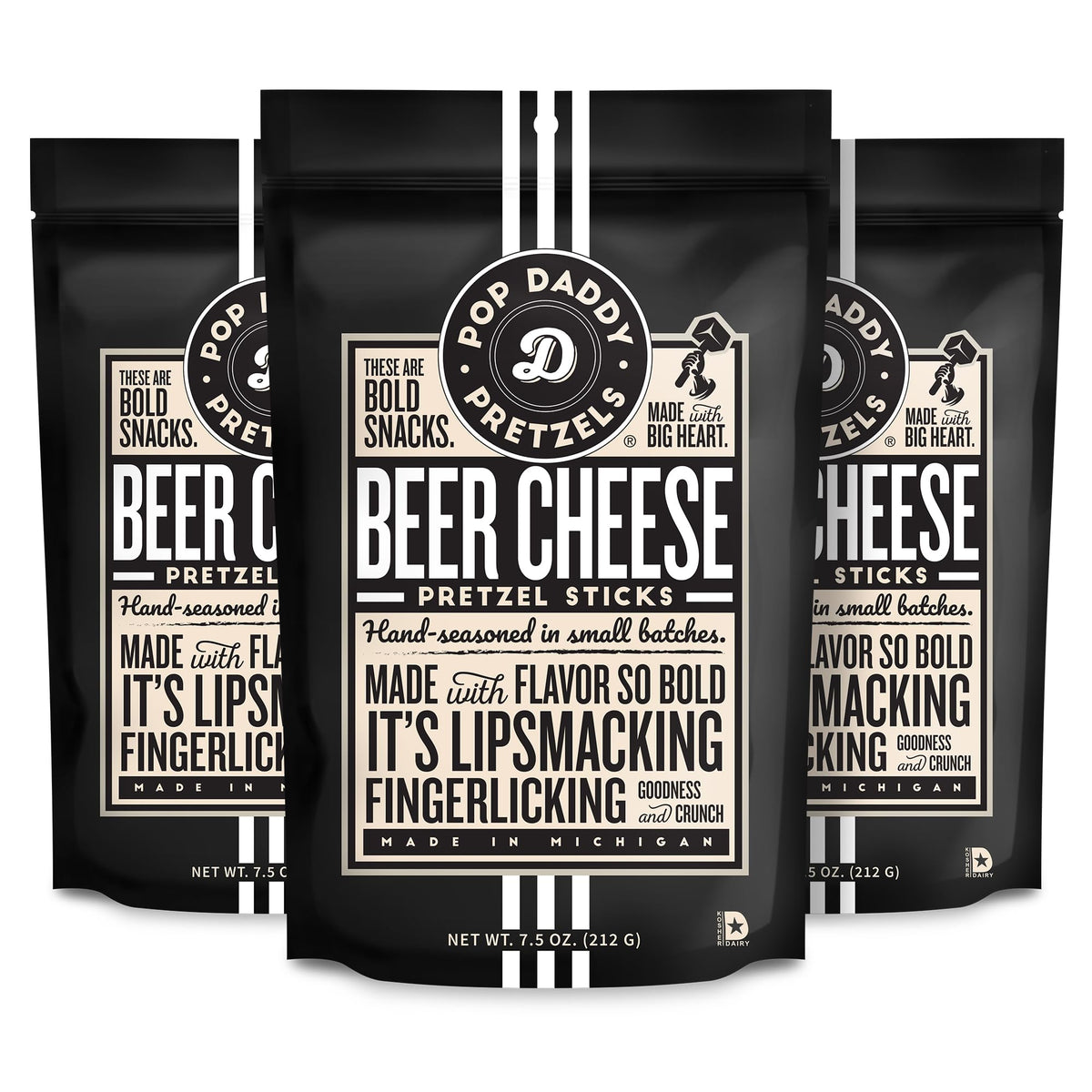 Pop Daddy Beer Cheese Flavored Pretzel Sticks – 7.5oz, 3-Pack, Gourmet Kosher Snack
