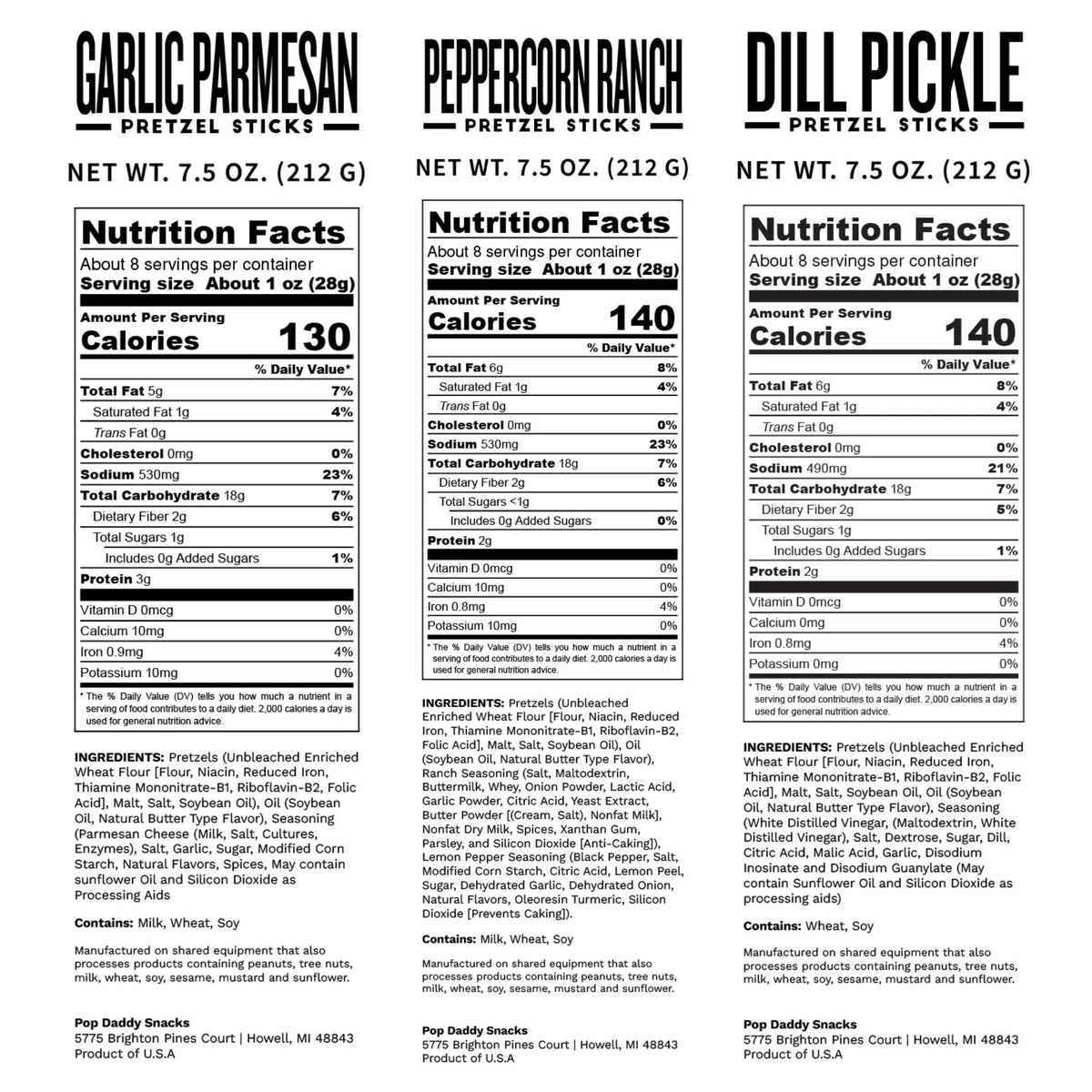 Pop Daddy Flavored Pretzel Sticks – 7.5 oz 3-Pack Variety (Garlic Parmesan, Peppercorn Ranch, Dill Pickle)