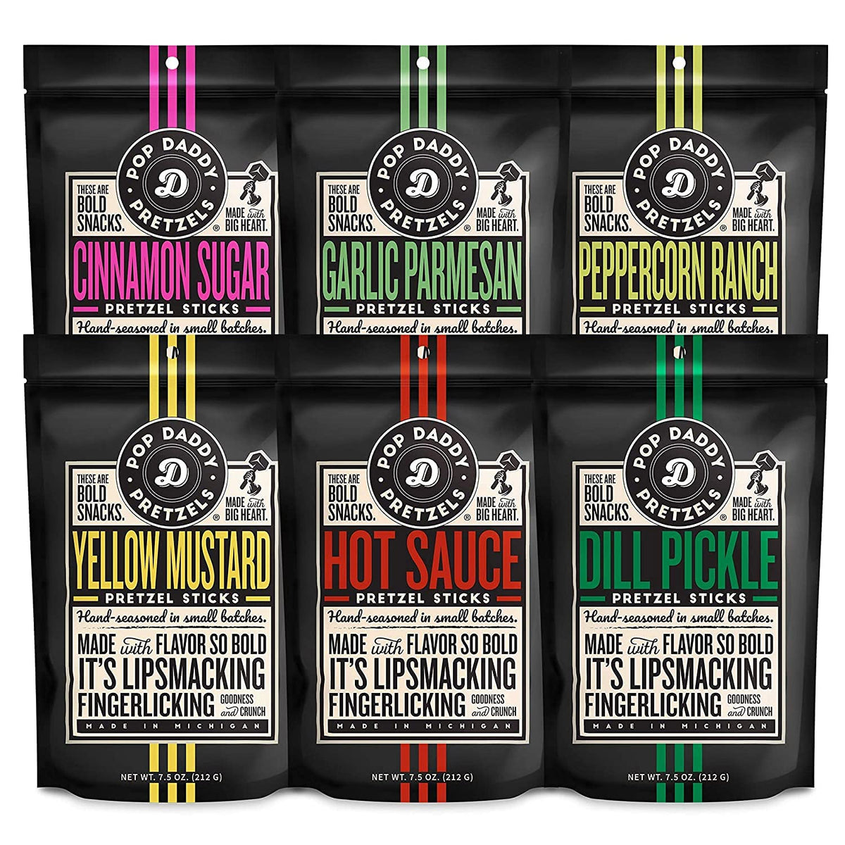 Pop Daddy Flavored Pretzels Sticks – Healthy Gourmet 6 Flavor Variety Pack (7.5oz each)
