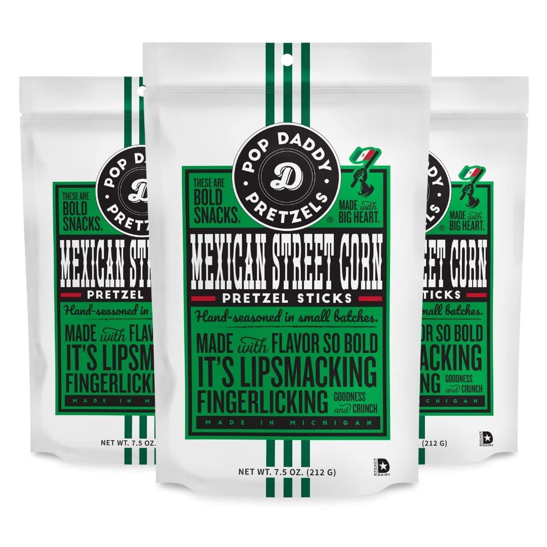 Pop Daddy Flavored Pretzel Sticks – Mexican Street Corn, 3-Pack (7.5oz Each) | Gourmet Snack