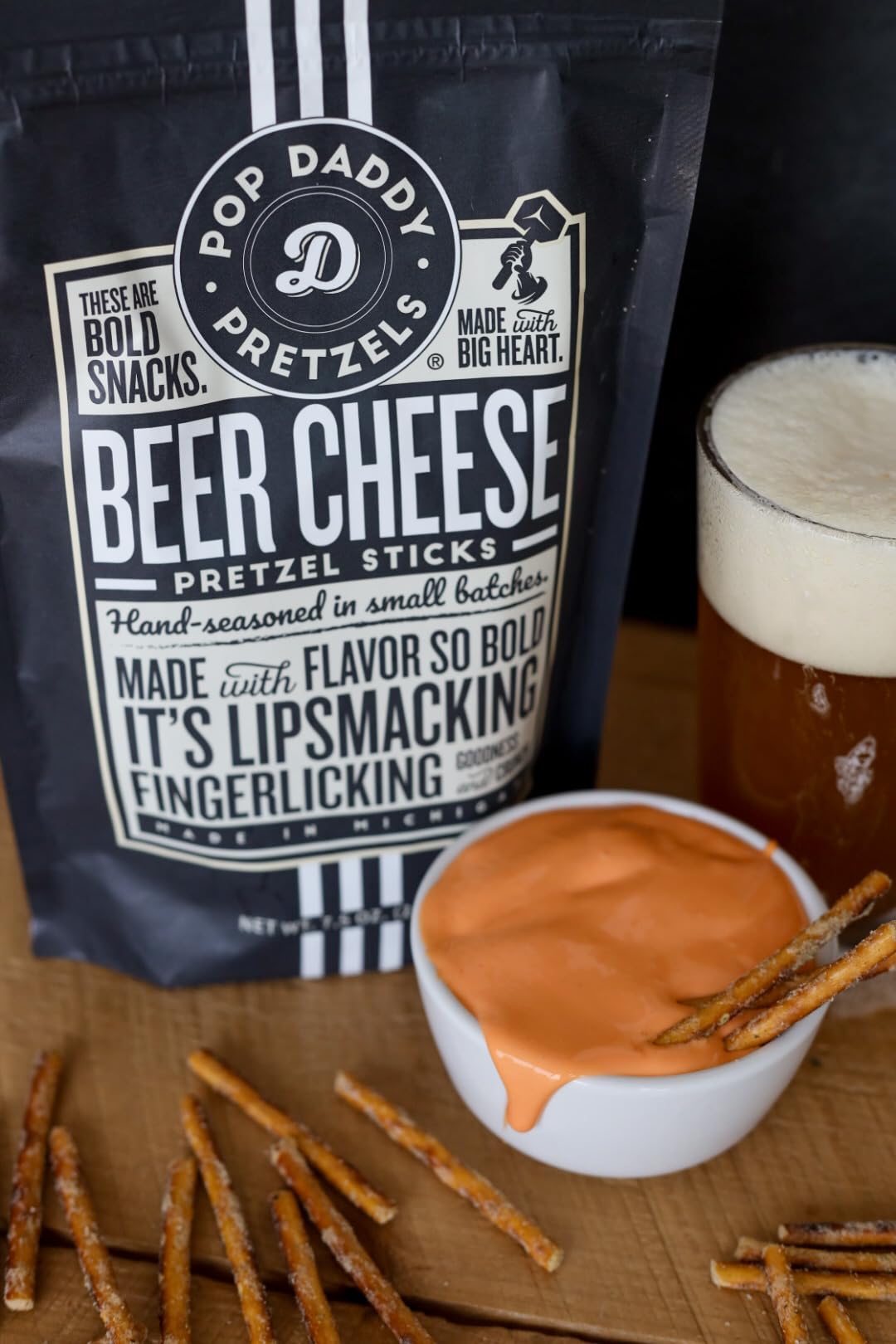 Pop Daddy Beer Cheese Flavored Pretzel Sticks – 7.5oz, 3-Pack, Gourmet Kosher Snack