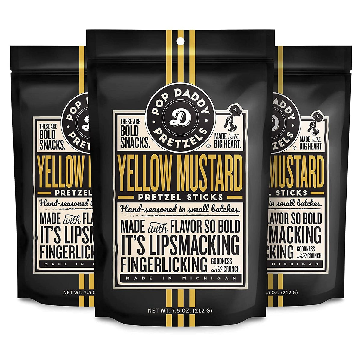 Pop Daddy Yellow Mustard Pretzel Sticks – 3-Pack, 7.5oz Each | Guilt-Free Gourmet Snack