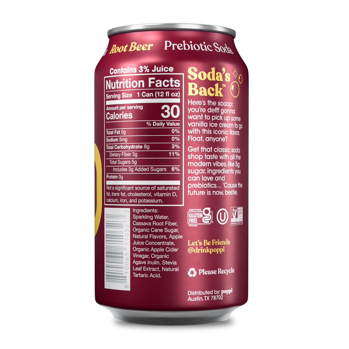 Poppi Sparkling Prebiotic Root Beer Soda – ACV, Low Sugar, 12 Pack
