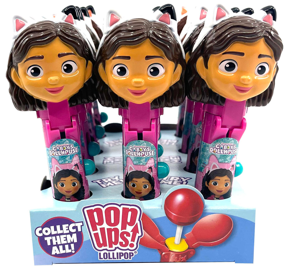 Pop Ups! Gabby's Dollhouse Lollipop Holder – 12 Wrapped Lollipops with Cases