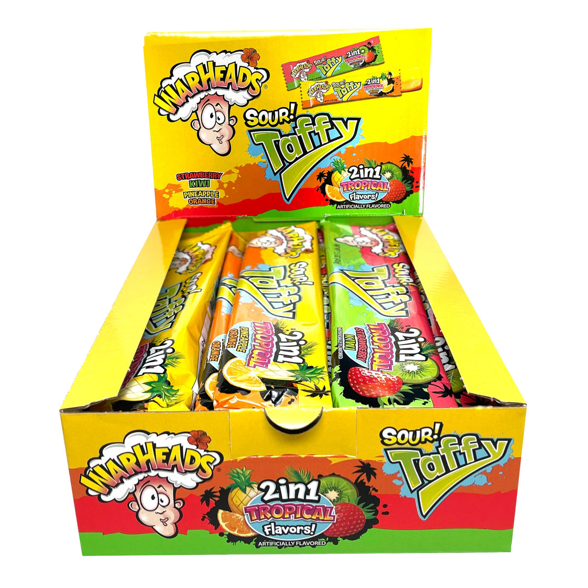 POPUPS! LOLLIPOP WARHEADS Tropical Sour Taffy 2-in-1 Chewy Bars – Variety Pack, Gluten Free (Box of 24)