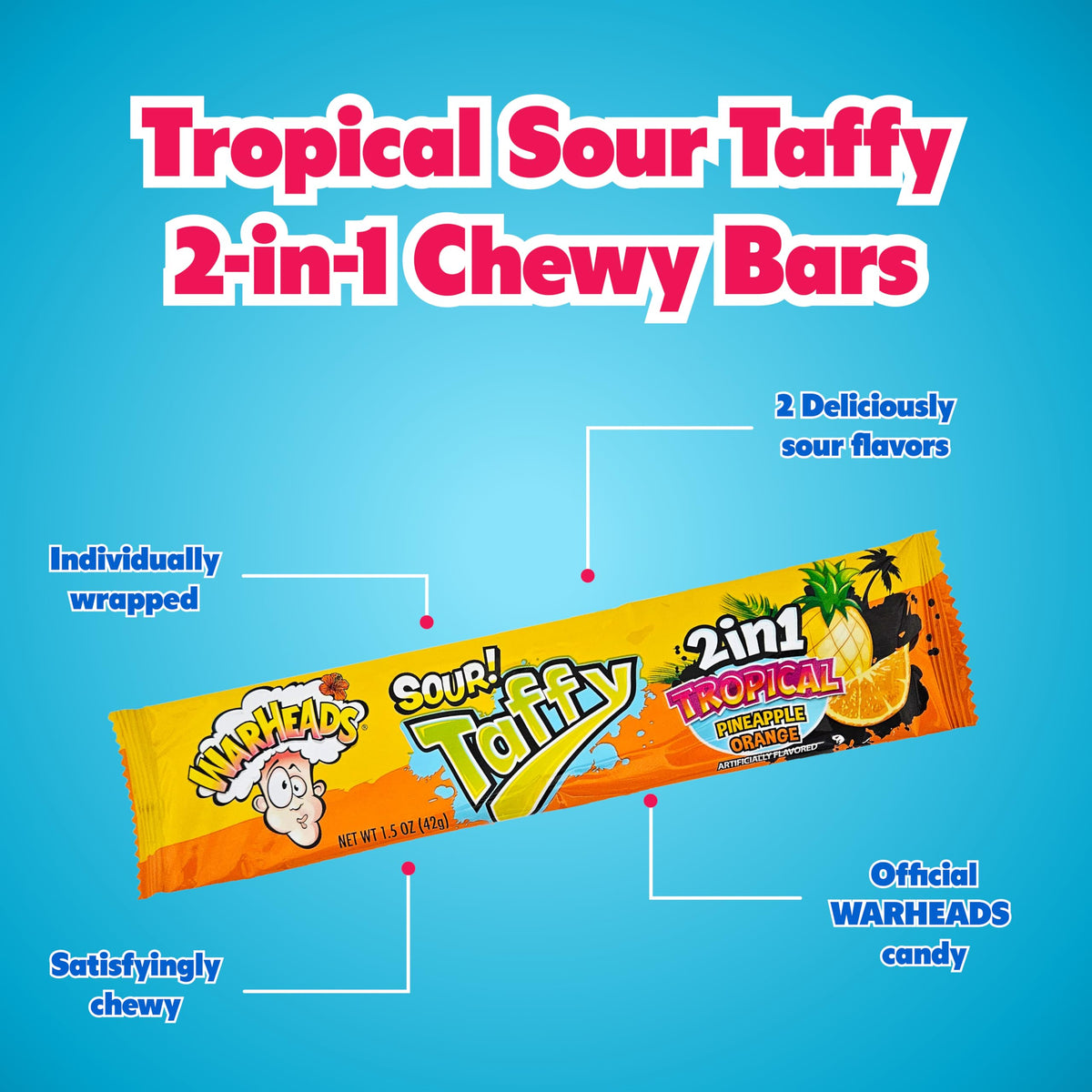 POPUPS! LOLLIPOP WARHEADS Tropical Sour Taffy 2-in-1 Chewy Bars – Variety Pack, Gluten Free (Box of 24)