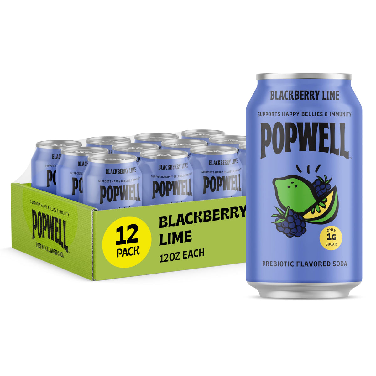 Popwell Blackberry Lime Prebiotic Soda — 6g Fiber, 1g Sugar, Vitamins, 12-Pack