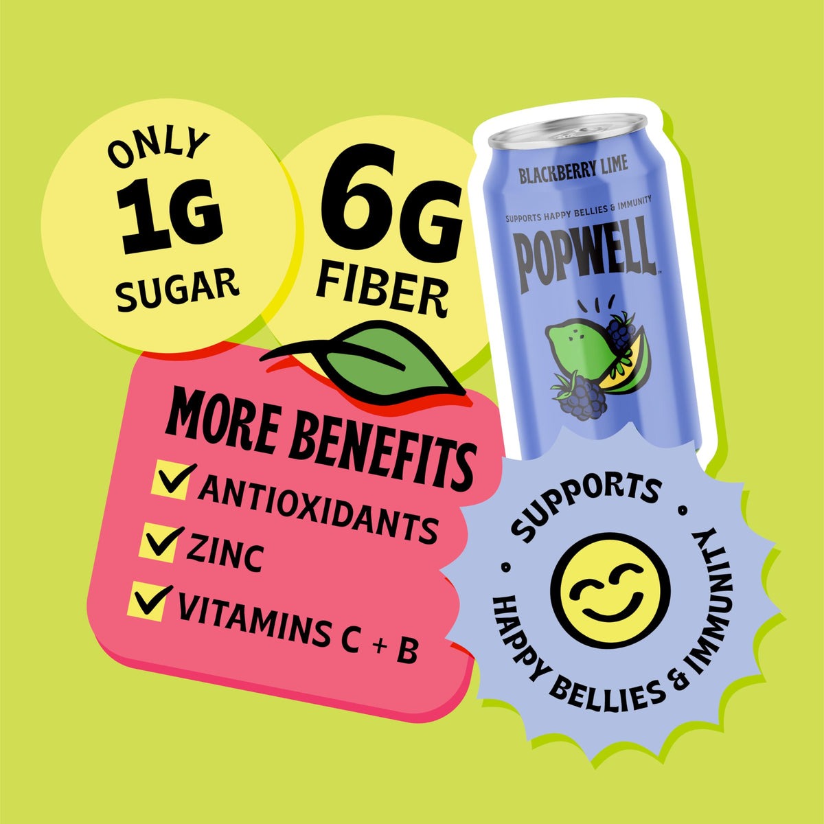 Popwell Blackberry Lime Prebiotic Soda — 6g Fiber, 1g Sugar, Vitamins, 12-Pack