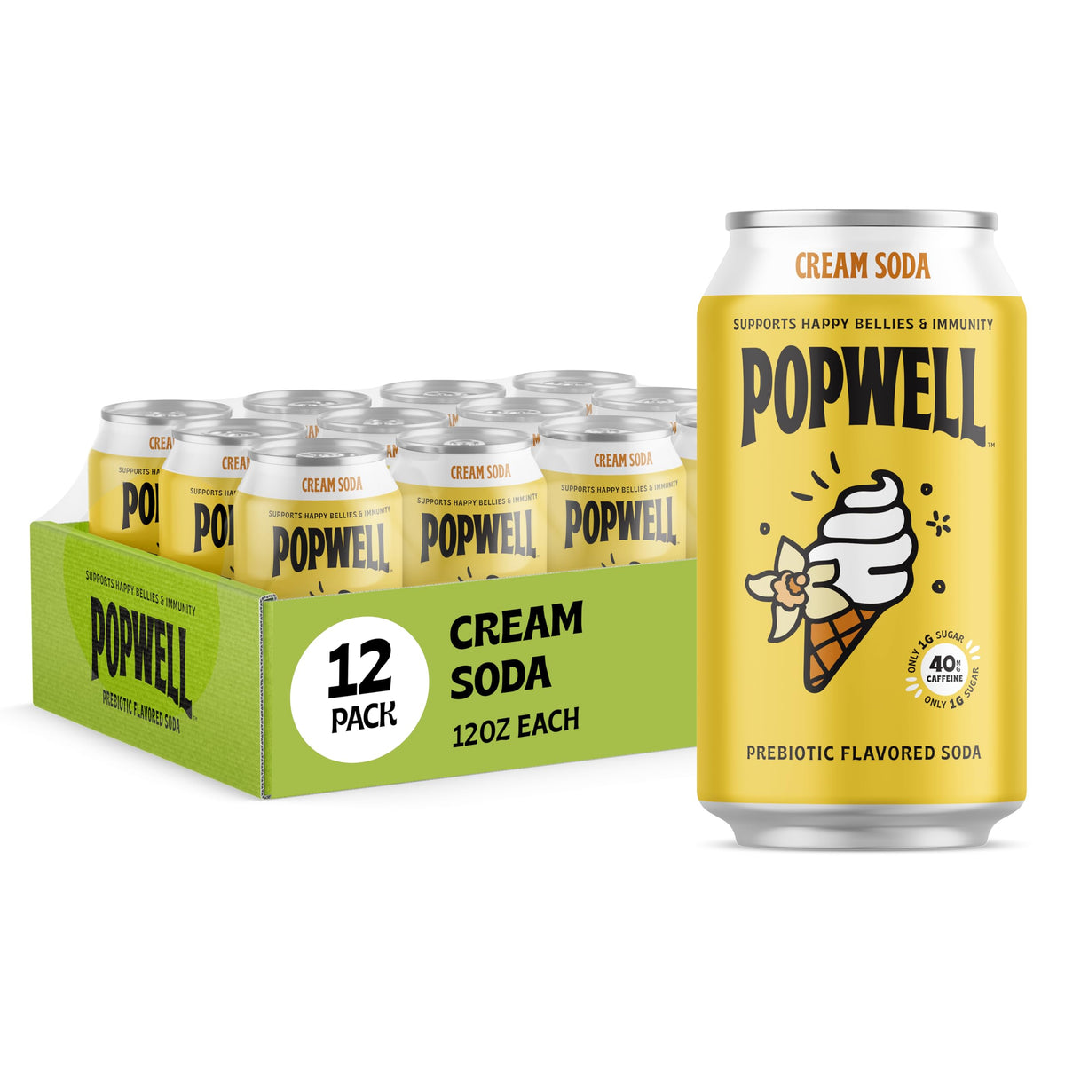 Popwell Cream Soda Prebiotic Soda – 6g Fiber, 1g Sugar, Vitamins & Natural Caffeine | 12 Cans