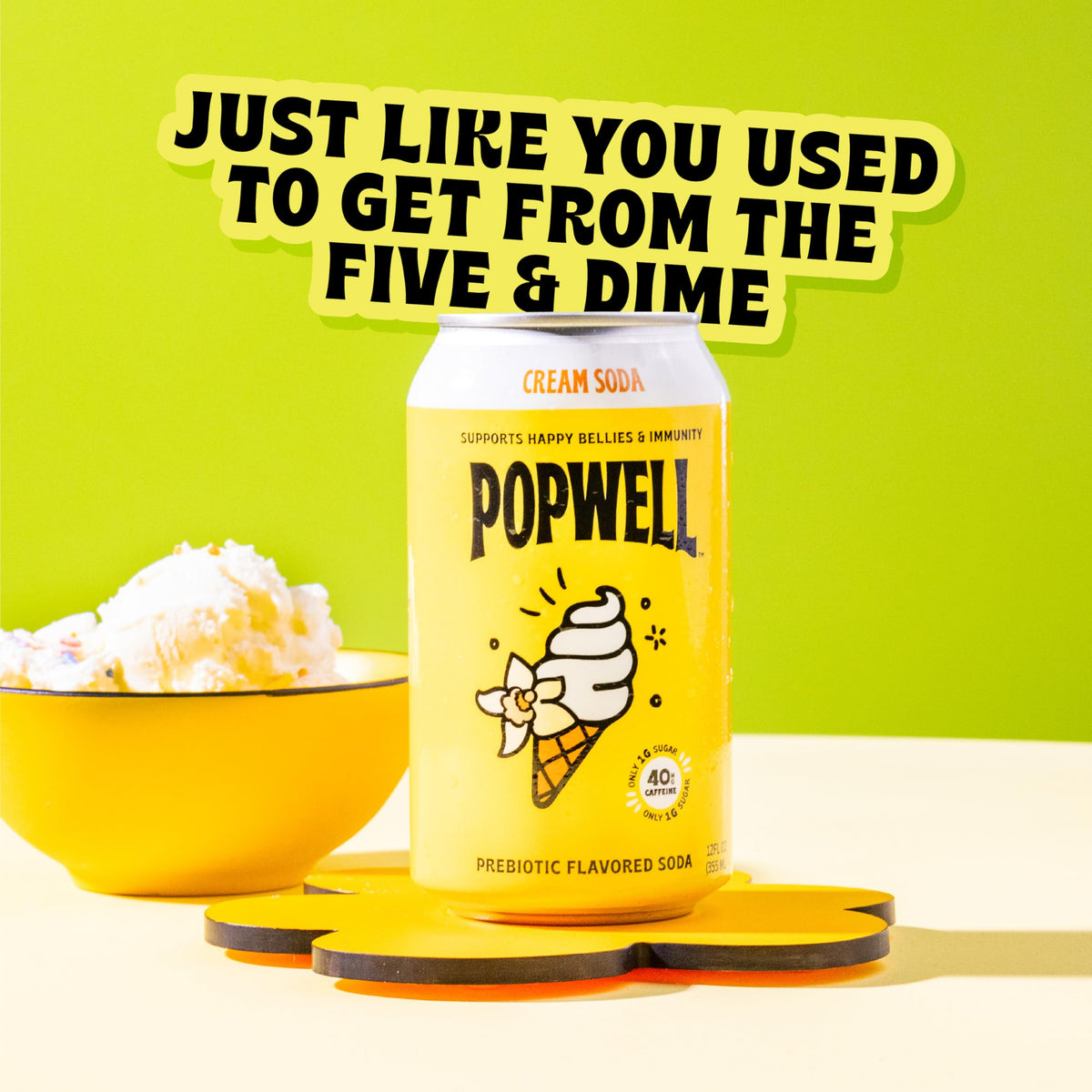 Popwell Cream Soda Prebiotic Soda – 6g Fiber, 1g Sugar, Vitamins & Natural Caffeine | 12 Cans