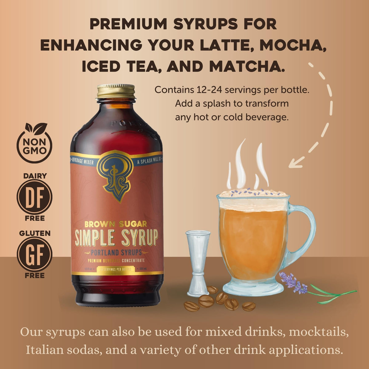 Portland Syrups Brown Sugar Simple Syrup – 24 Servings per 12 oz Bottle, Pack of 2 for Cocktails, Coffee, Mocktails