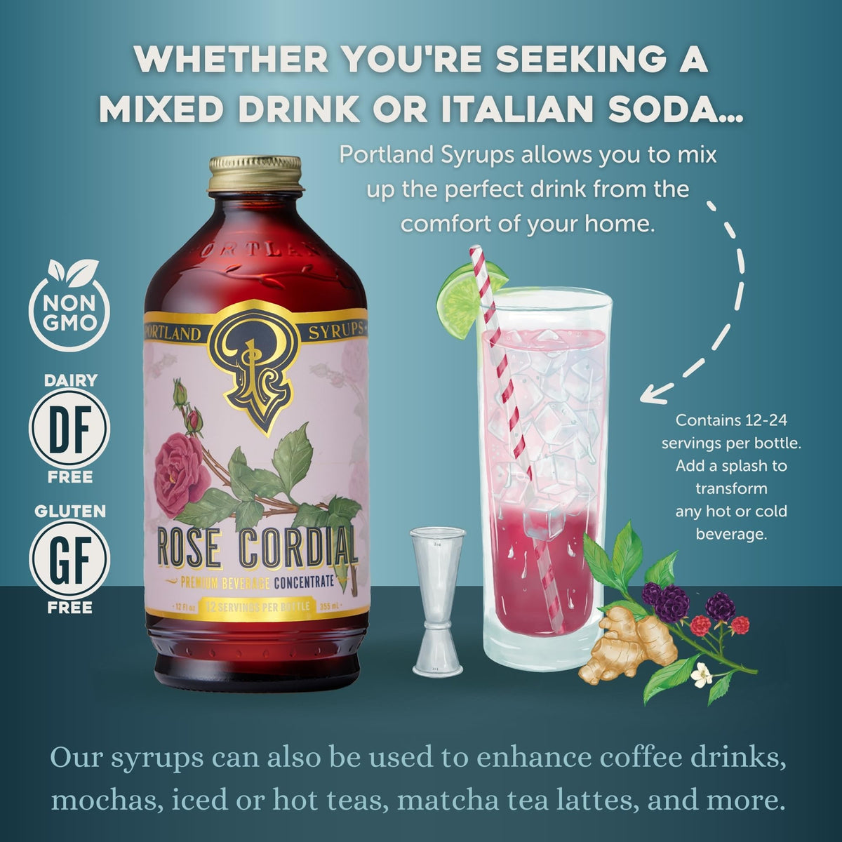 Portland Syrups Rose Cordial Syrup – Floral Rose Syrup for Cocktails & Mocktails | 12 oz (Pack of 2)