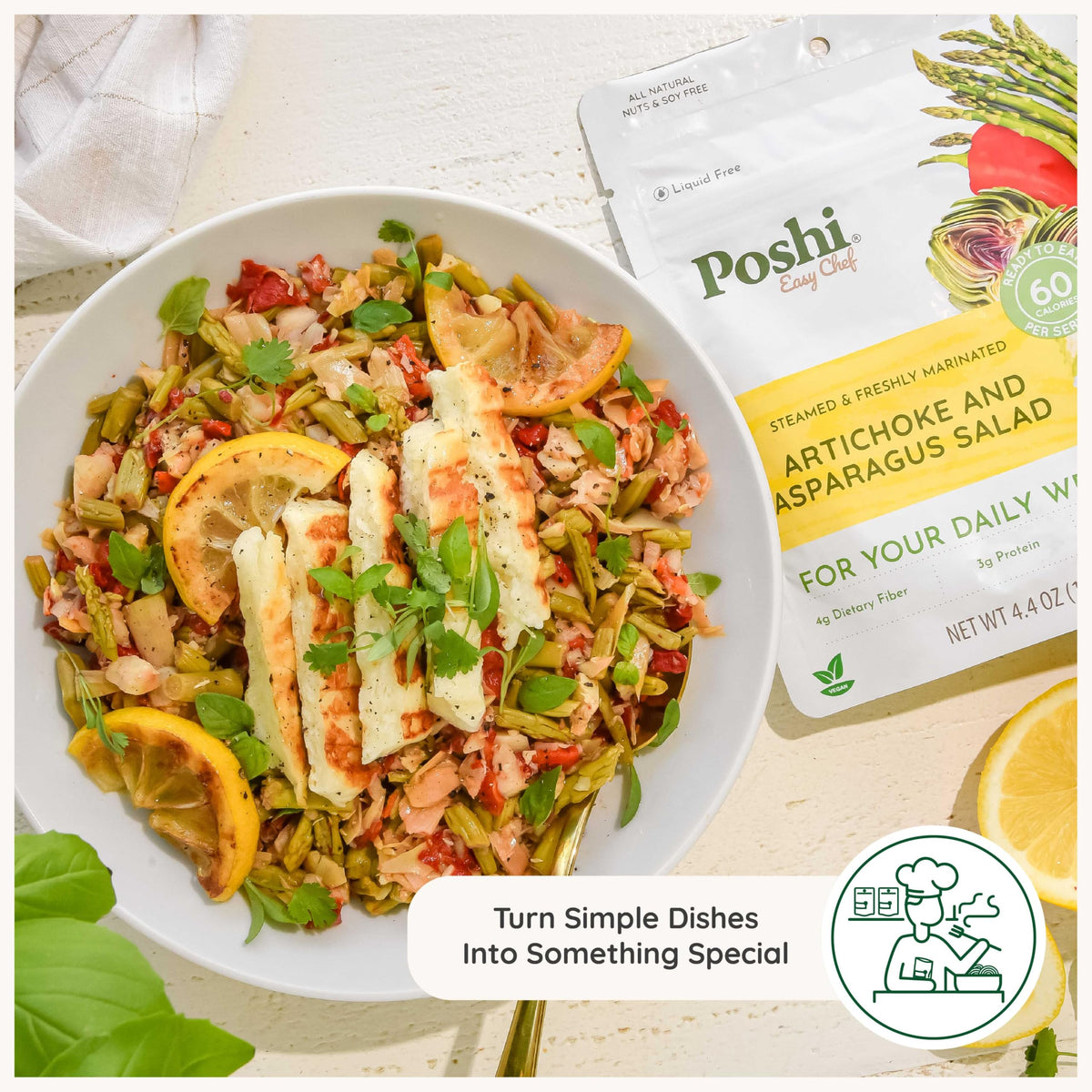 POSHI Artichoke & Asparagus Salad - Ready-to-Eat, Keto, Vegan, Non-GMO, Gluten Free, 6 Pack (4.4 oz each)