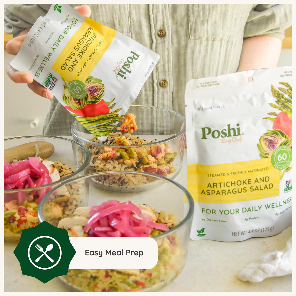 POSHI Artichoke & Asparagus Salad - Ready-to-Eat, Keto, Vegan, Non-GMO, Gluten Free, 6 Pack (4.4 oz each)