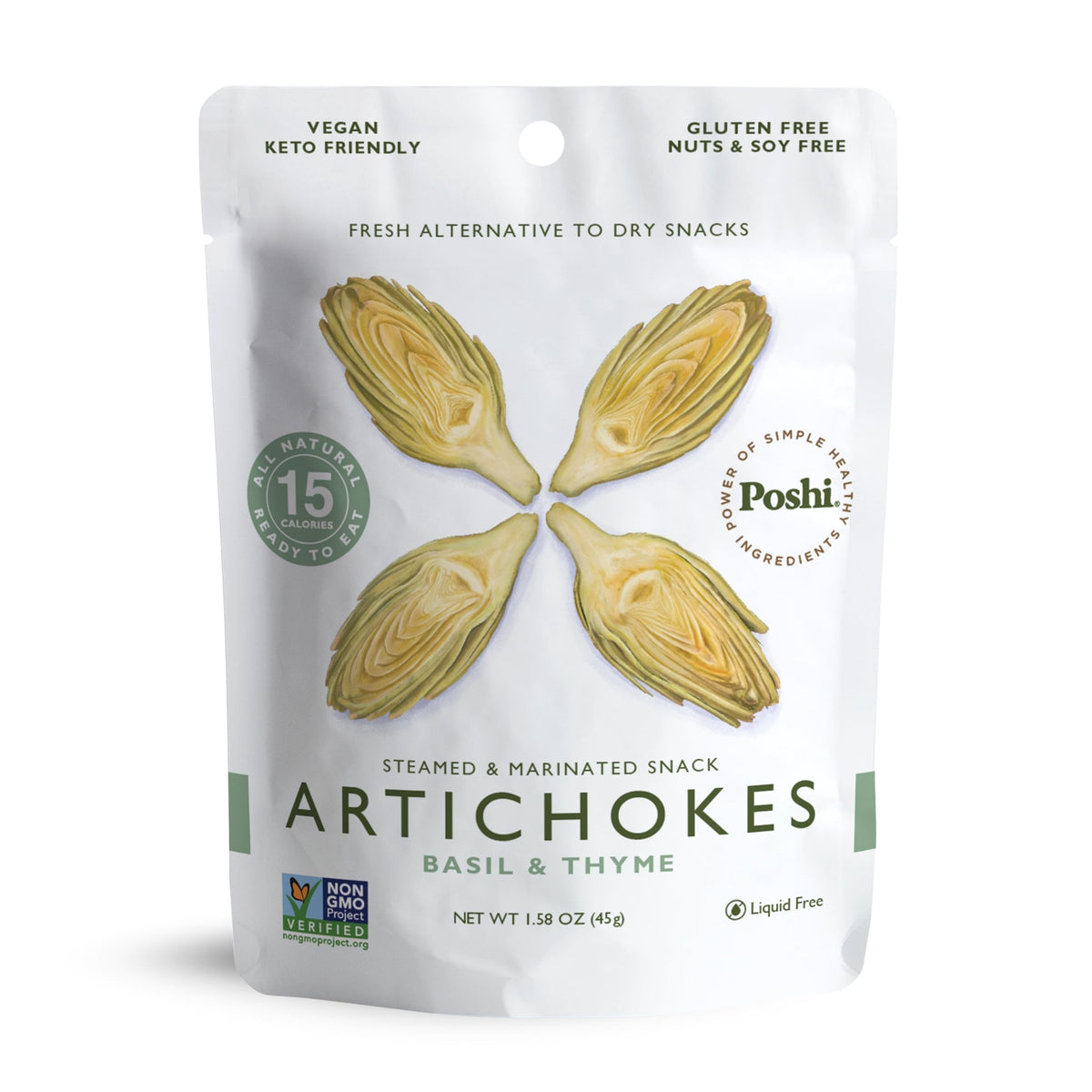 POSHI Artichoke Hearts with Basil & Thyme – Ready-to-Eat Snack Pack (10 x 1.58 oz)