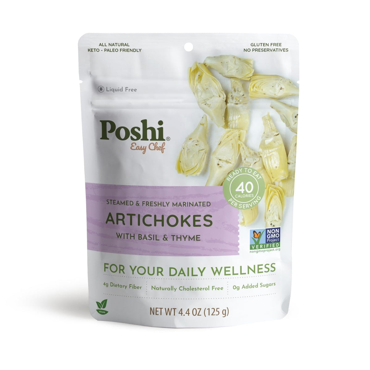 POSHI Marinated Artichoke Hearts with Basil & Thyme – Ready-to-Eat, Low Carb, Vegan, Gluten Free, 4.4 oz, 6 Pack