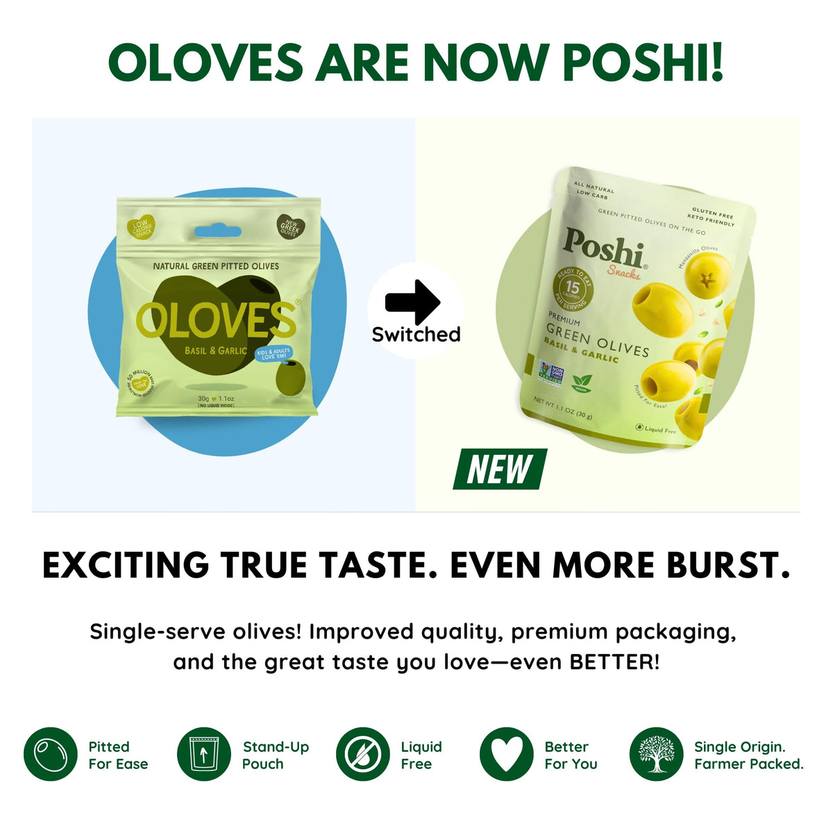 POSHI Green Pitted Olives - Basil & Garlic | Vegan, Gluten-Free, Keto-Friendly Snack Pack (30 x 1.1oz)