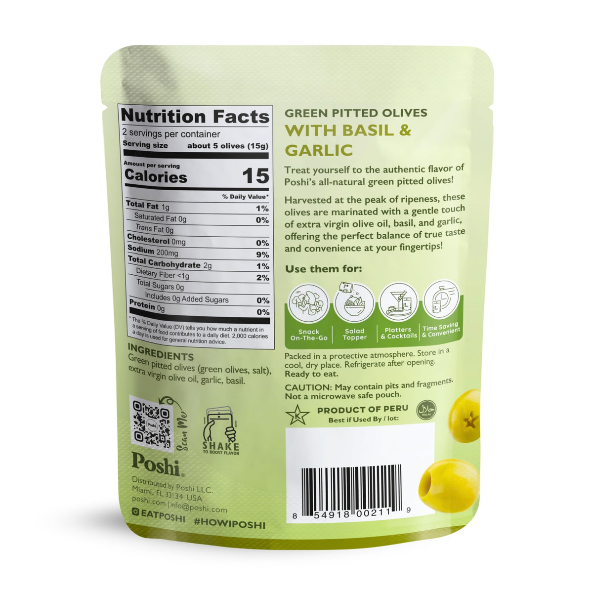 POSHI Green Pitted Olives - Basil & Garlic | Vegan, Gluten-Free, Keto-Friendly Snack Pack (30 x 1.1oz)