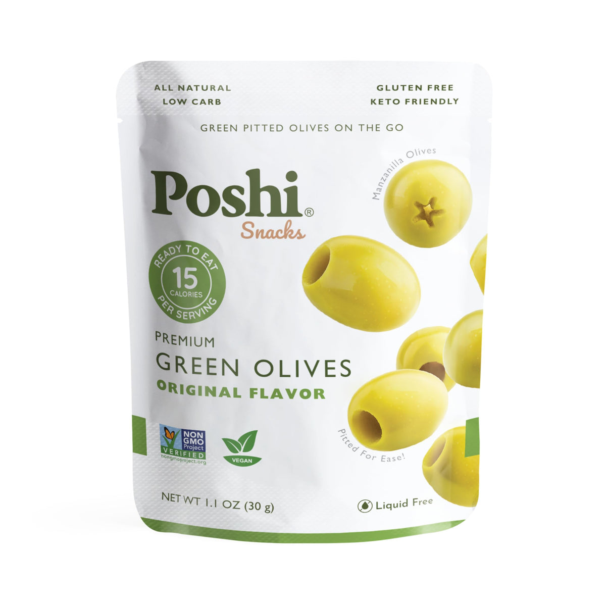 Poshi Green Olives On-The-Go - Original Flavor - 1.1 oz Pouches (30-Pack)