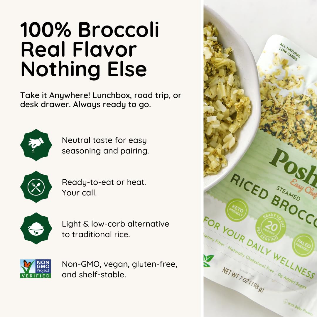POSHI Riced Broccoli – All-Natural, Ready-to-Eat, Low Carb + Low Calorie, Non-GMO, Gluten Free, 7oz (6 Pack)
