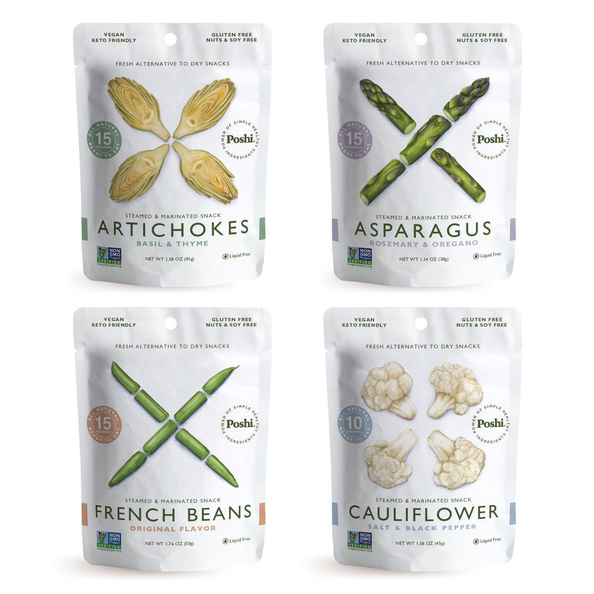 POSHI Marinated Vegetables Variety Pack | Asparagus, French Beans, Cauliflower & Artichoke