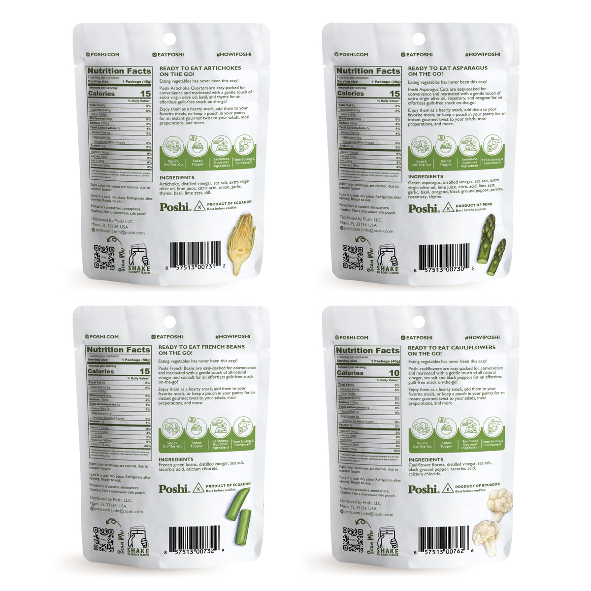 POSHI Marinated Vegetables Variety Pack | Asparagus, French Beans, Cauliflower & Artichoke
